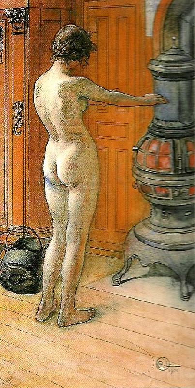Carl Larsson leontine staende , naken rygg- naken flicka framfor kamin- framfor kaminen Spain oil painting art